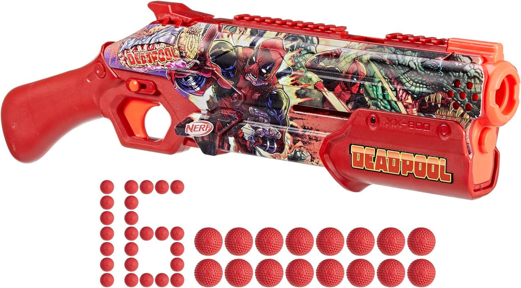 Nerf Marvel Deadpool Blaster, 16 Nerf Rival Accu-Rounds, acción a través de bomba, carga por la culata, Regalos para adolescentes, 14+