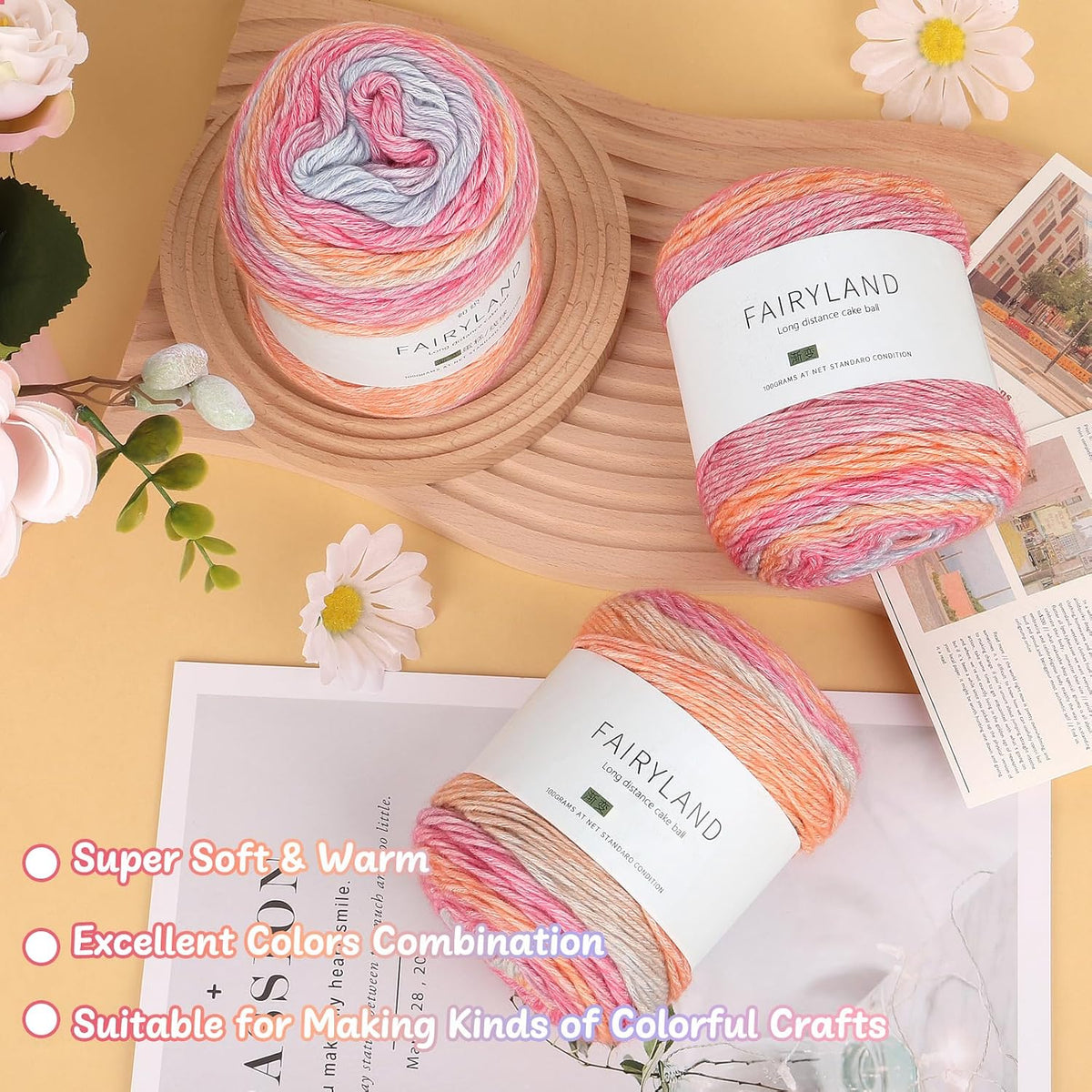 Aeelike Juego de 18 pares de agujas de tejer con 3 madejas, hilo de pastel degradado súper suave, 100 g (3.52 oz) 803.8 ft (267 yardas)