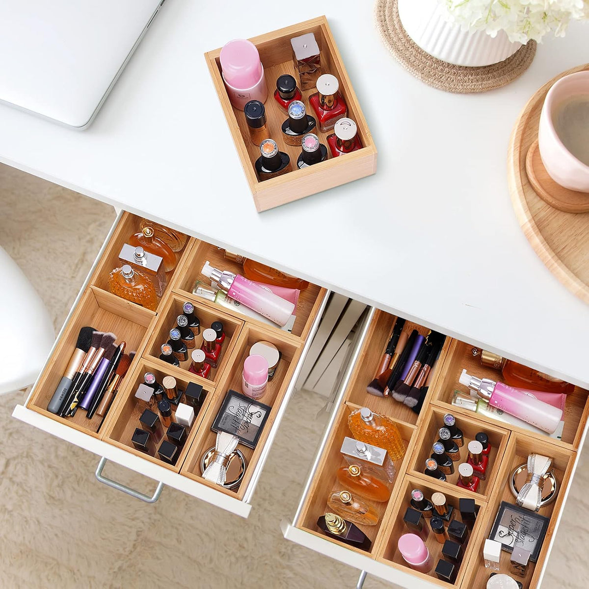 Fabsome Organizador de Cajones de Baño, Caja Contenedor de Bambú para Cajón de Tocador Escritorio Maquillaje, Pequeño Contenedor de Madera Bandeja de Organización de Almacenamiento de Té para Cocina