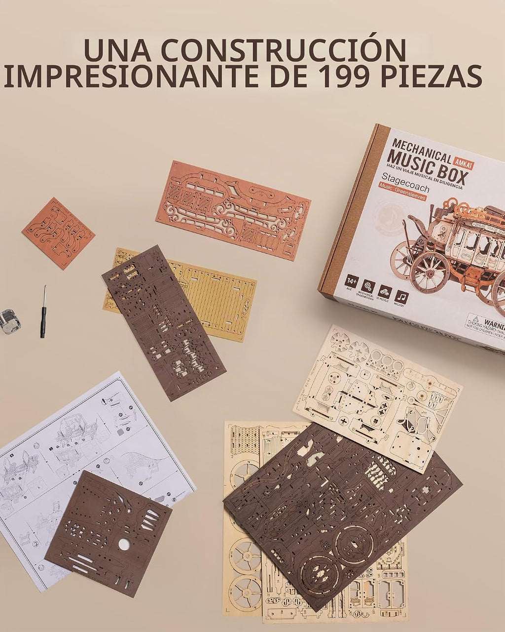 ROBOTIME Caja de rompecabezas de madera con caja de música Stagecoach AMKA1, regalo de día de San Valentín Rompecabezas de madera 3D para adultos, modelo mecánico 3D para construir, regalo de