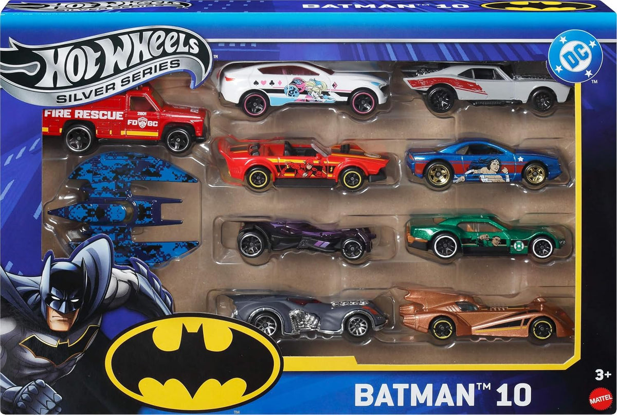 Hot Wheels Coches de juguete, paquete de 10 con temática de Batman, juego de 10 vehículos fundidos que incluye un Batmóvil y un Batplane en escala 1:64 (estilos pueden variar)