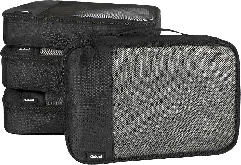 Cubos de embalaje para viajes, 4 cubos de embalaje para maletas, bolsa organizadora de equipaje de malla ligera con doble cremallera, color negro