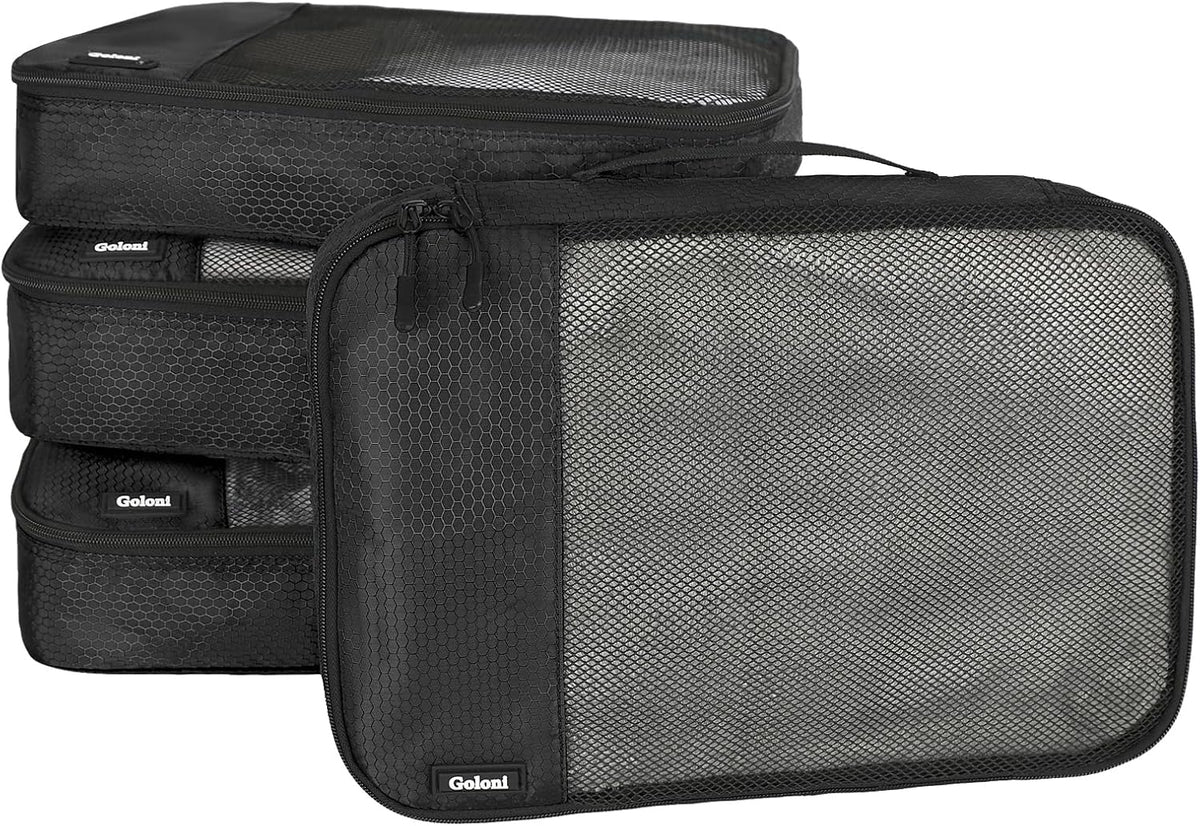 Cubos de embalaje para viajes, 4 cubos de embalaje para maletas, bolsa organizadora de equipaje de malla ligera con doble cremallera, color negro