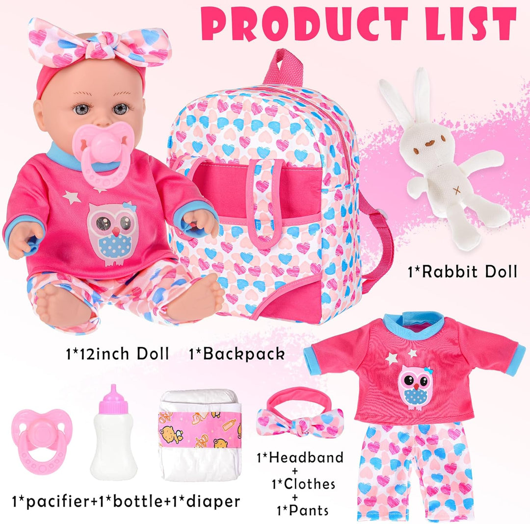 iBayda Muñeca de bebé de 12 pulgadas en caja de regalo con mochila,...