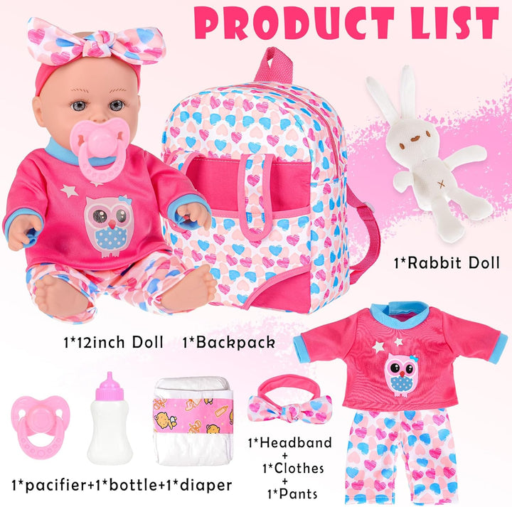 iBayda Muñeca de bebé de 12 pulgadas en caja de regalo con mochila,...