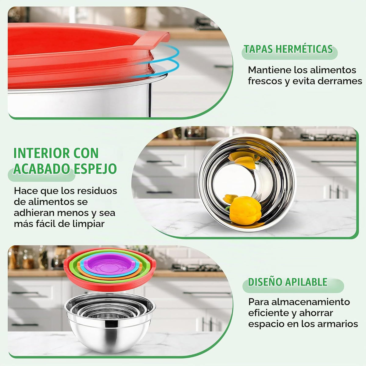 P&P CHEF Juego de tazones de metal con tapas, tapas herméticas y multicolor
