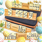 Bucher&Rossini Juego de dominó para adultos con 4 bastidores de dominó dobles de seis juegos de dominó en estuche portátil con 4 soportes de dominó de madera en estuche rígido de EVA, resistente y fácil de llevar, regalo ideal