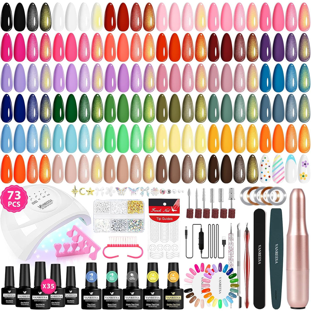 VANREESA Kit de 73 esmaltes de uñas de gel con luz UV y kit de tala...