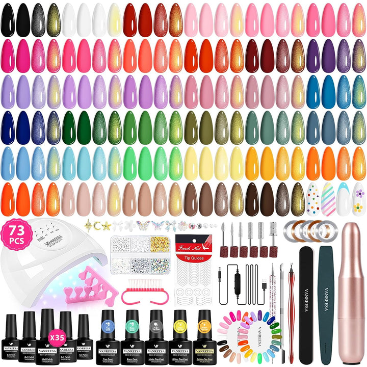 VANREESA Kit de 73 esmaltes de uñas de gel con luz UV y kit de tala...