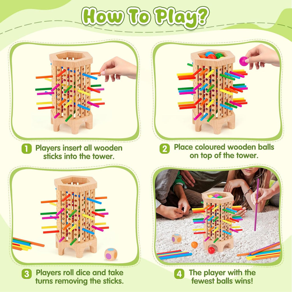 Montessori Juego de mesa de madera, juego de dados de 36 palos de madera coloridos