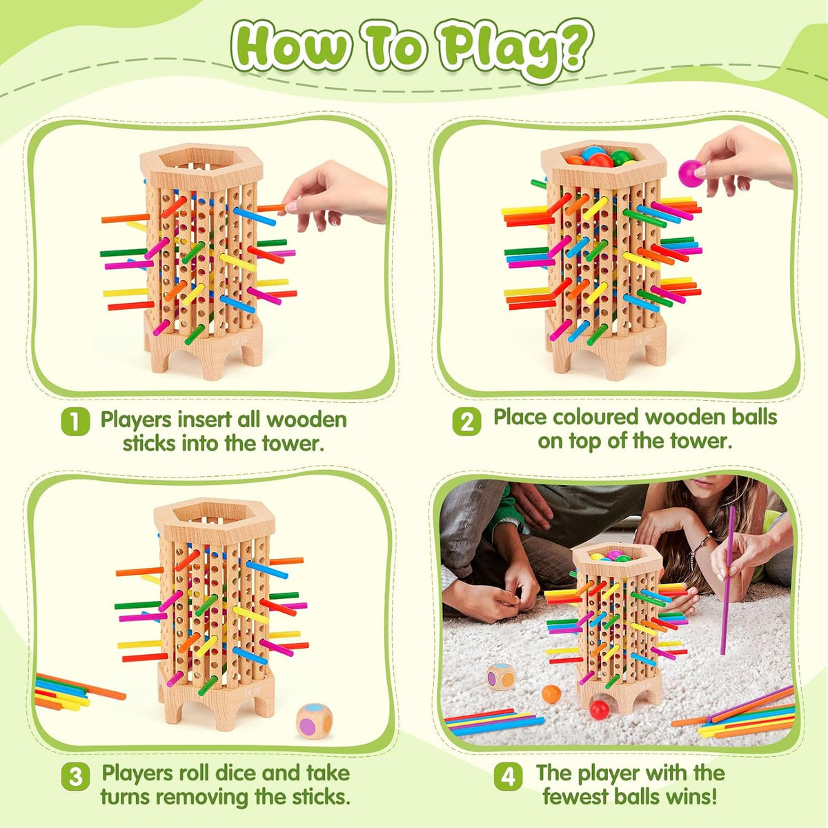 Montessori Juego de mesa de madera, juego de dados de 36 palos de madera coloridos