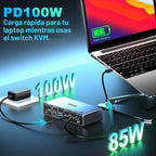 Interruptor KVM USB C de 8K a 60Hz, 2 monitores, 2 computadoras, interruptor KVM de monitor dual para escritorio y laptop, 4K a 144Hz DP+HDMI DisplayPort, 4 puertos USB 3.0, carga PD de 100 W