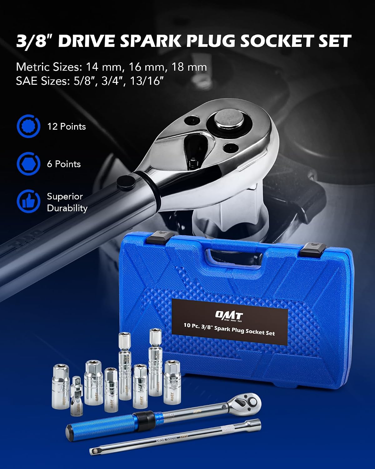 Orion Motor Tech juego de 10 piezas de 3/8 pulg. de llave de bujía con llave de torque de clic de 72 dientes, enchufes giratorios magnéticos, junta universal y barra de extensión, enchufe de bujía