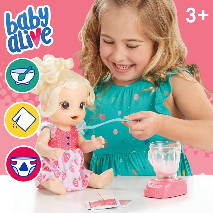 Baby Alive Muñeca Baby Mezcladora Mágica, Batido de Fresa, Muñeca c...