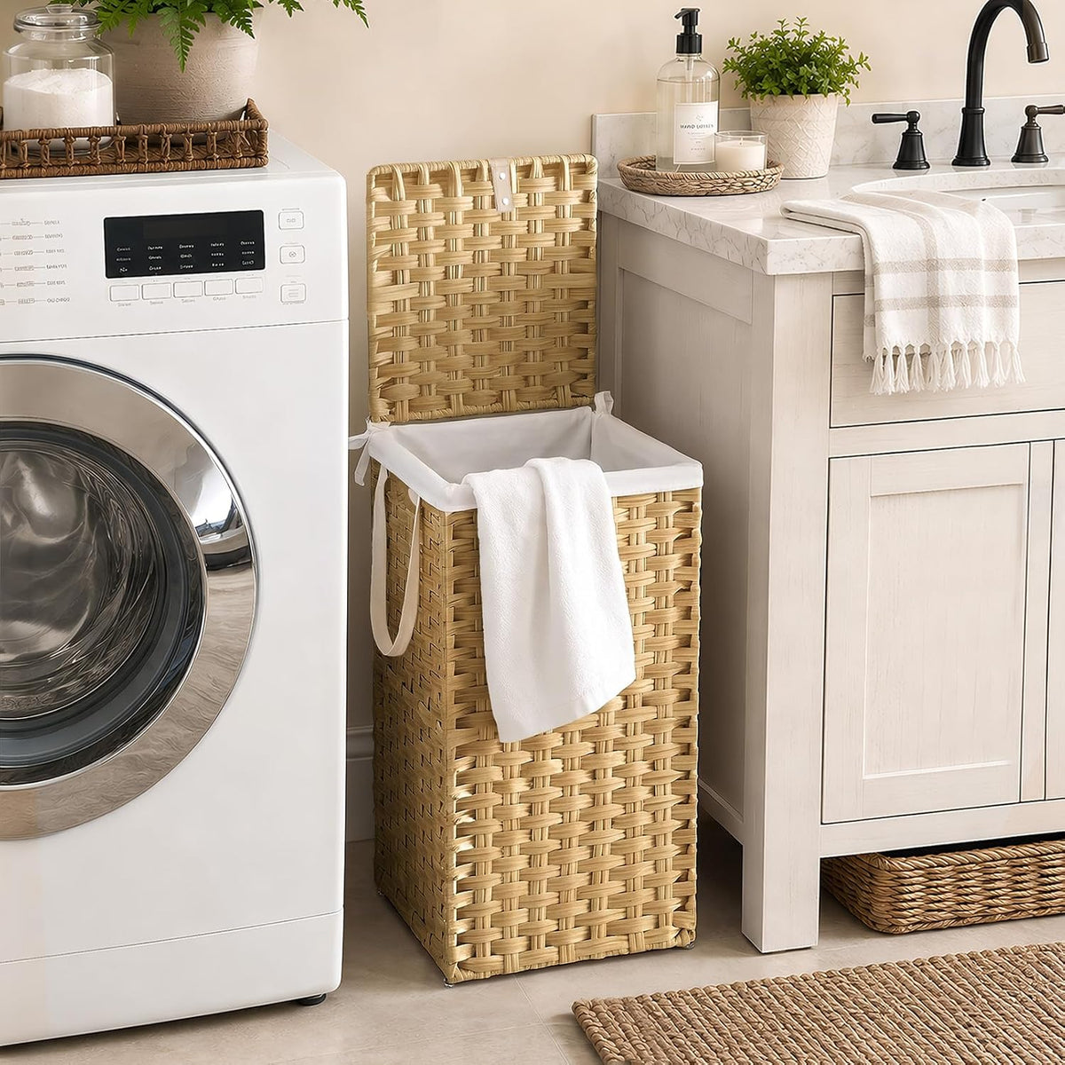 DUMOS Cesta de lavandería con tapa, cestas de mimbre de 65L, color amarillo