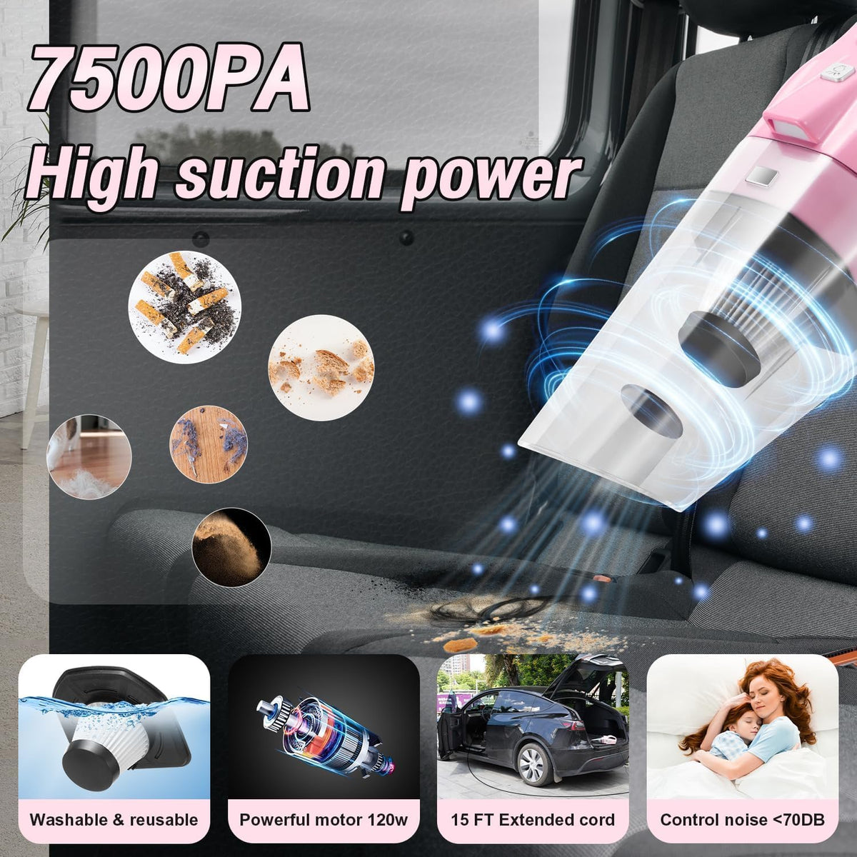 Kit de limpieza de coche rosa, kit de detalles de 25 piezas para interior con aspiradora de mano 4 en 1, juego de cepillos para detalles, herramienta de limpieza de parabrisas 2 en 1, accesorios de automóvil para limpieza, regalo para mujeres