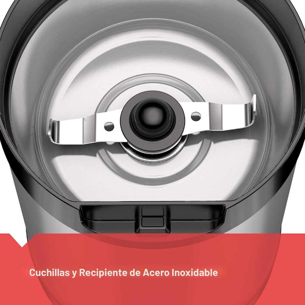 negro+DECKER Molinillo de Café One Touch, Capacidad de 2/3 taza para granos de café, Molinillo de Especias, Control de Botón de Un Toque -150 W -Cuchillas de Acero Inoxidable