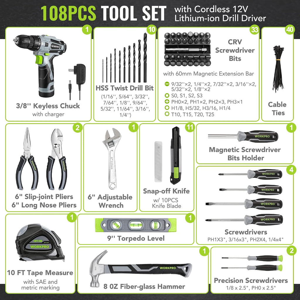 WORKPRO Juego de taladro rosa inalámbrico de 12 V para mujeres, kit de