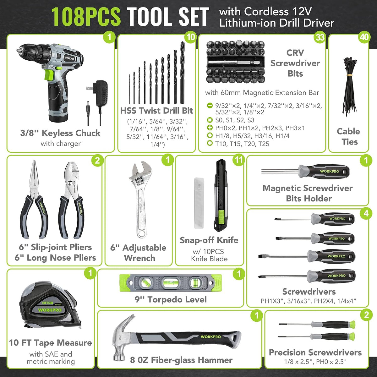 WORKPRO Juego de taladro rosa inalámbrico de 12 V para mujeres, kit de
