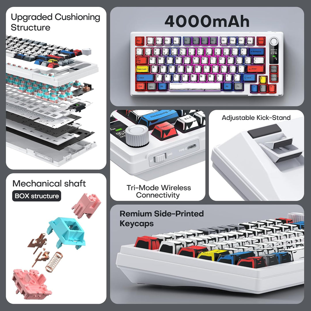 MOKURU Teclado mecánico inalámbrico, tres modos BT\/2.4G\/USB-C, co...