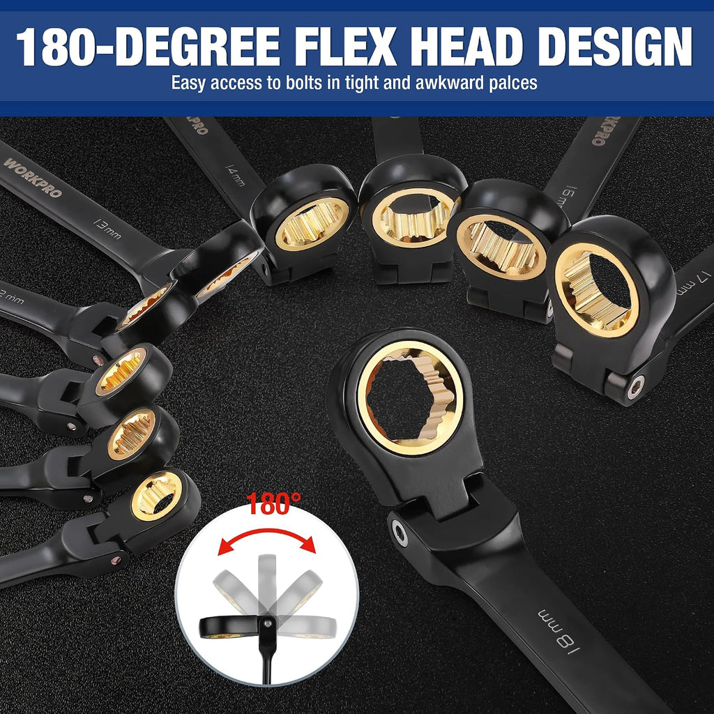 WORKPRO Juego de llaves de trinquete de 22 piezas con cabezal flexible de