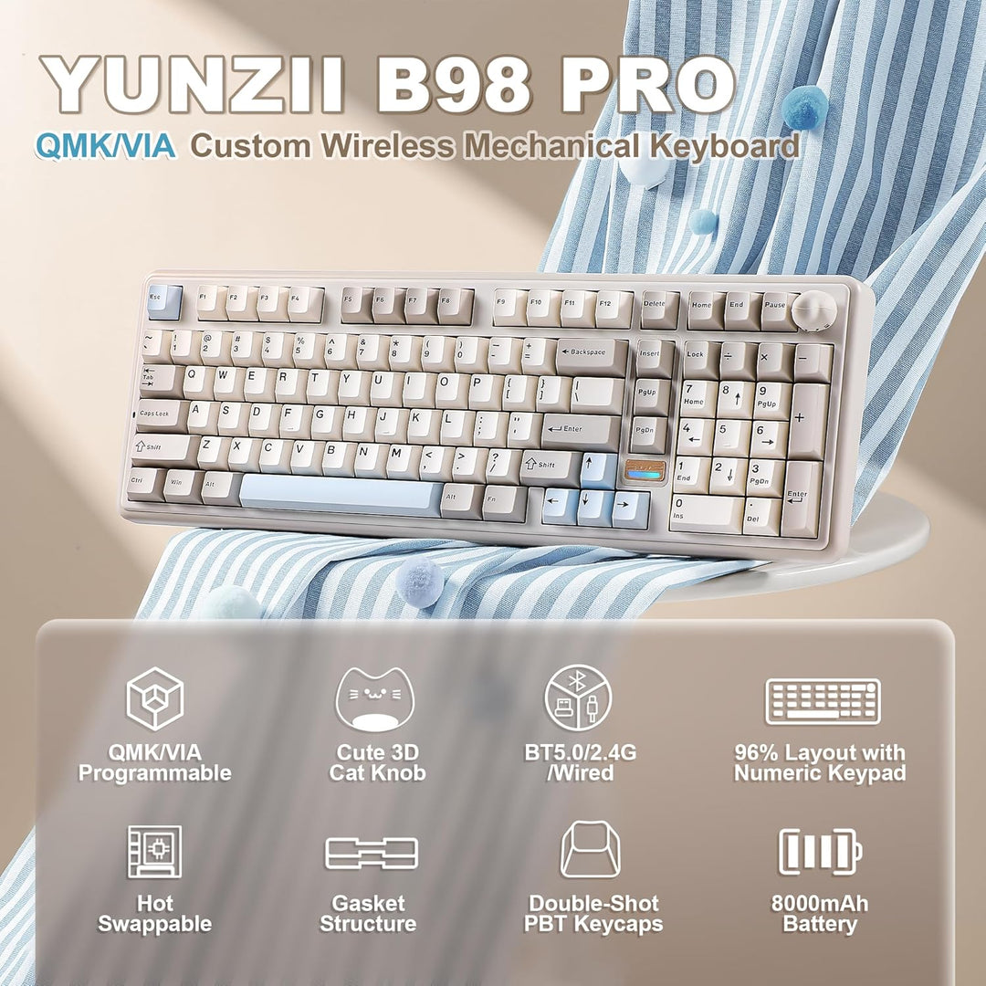 YUNZII B98 PRO QMK\/VIA Wireless Mechanical Gaming Keyboard, 96% La...