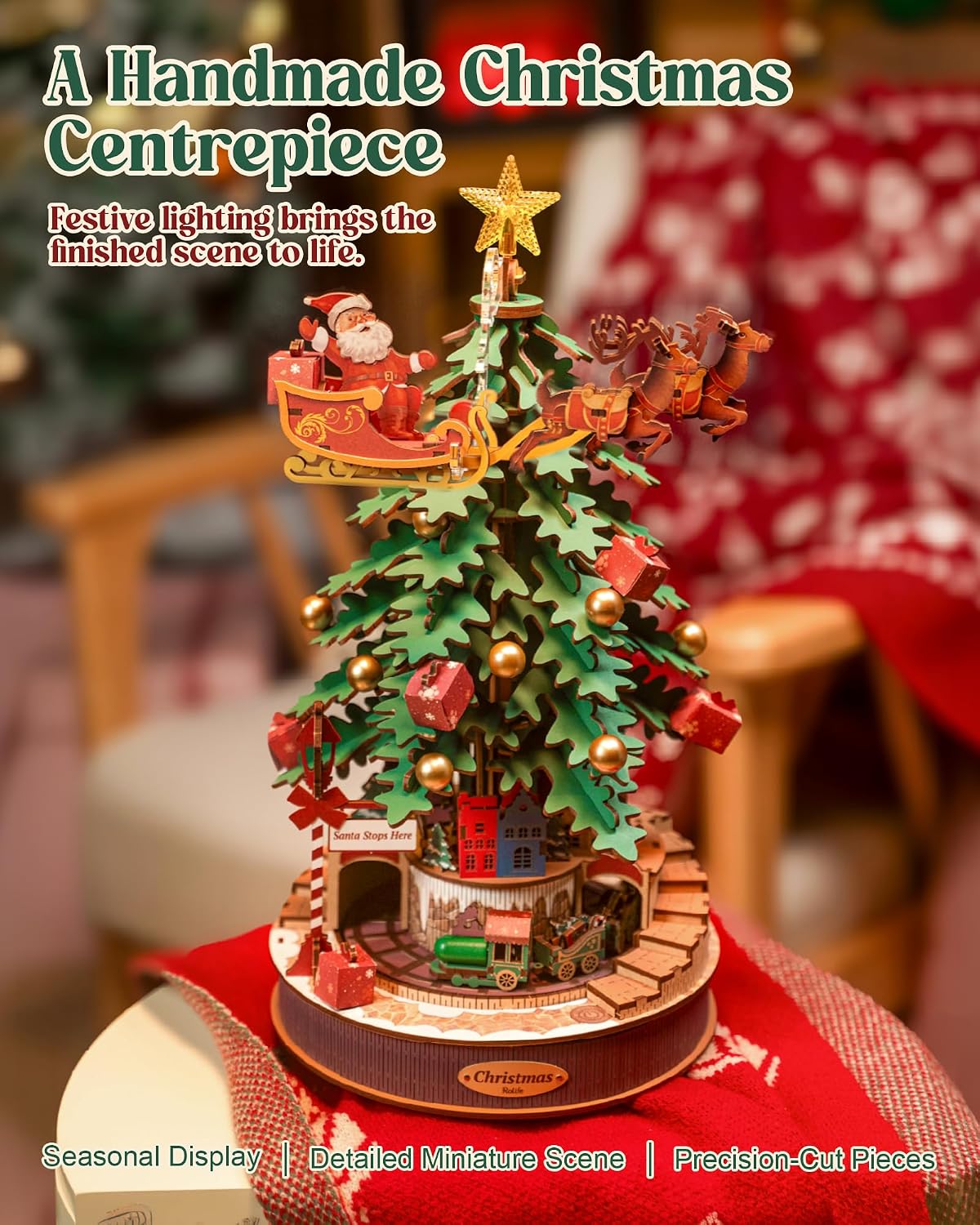Rolife Rompecabezas 3D para adultos, árbol de Navidad musical de madera de 15.7 pulgadas, kit de construcción de modelos, manualidades, decoración para adultos, regalos para niños y niñas