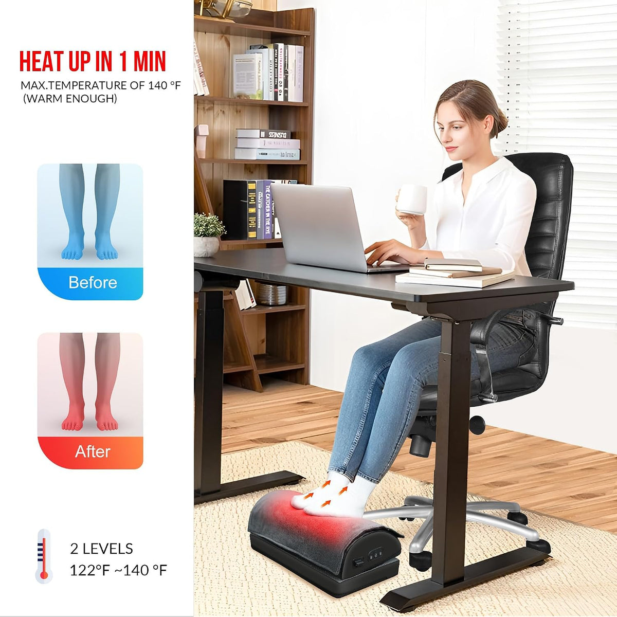 Lámpara Snailax Reposapiés Bajo el Escritorio para el Trabajo, Reposapiés Calefactado Bajo el Escritorio con Altura Ajustable de Doble Capa, Calentador de Pies con Masaje de Vibración, Reposapiés Ergonómico