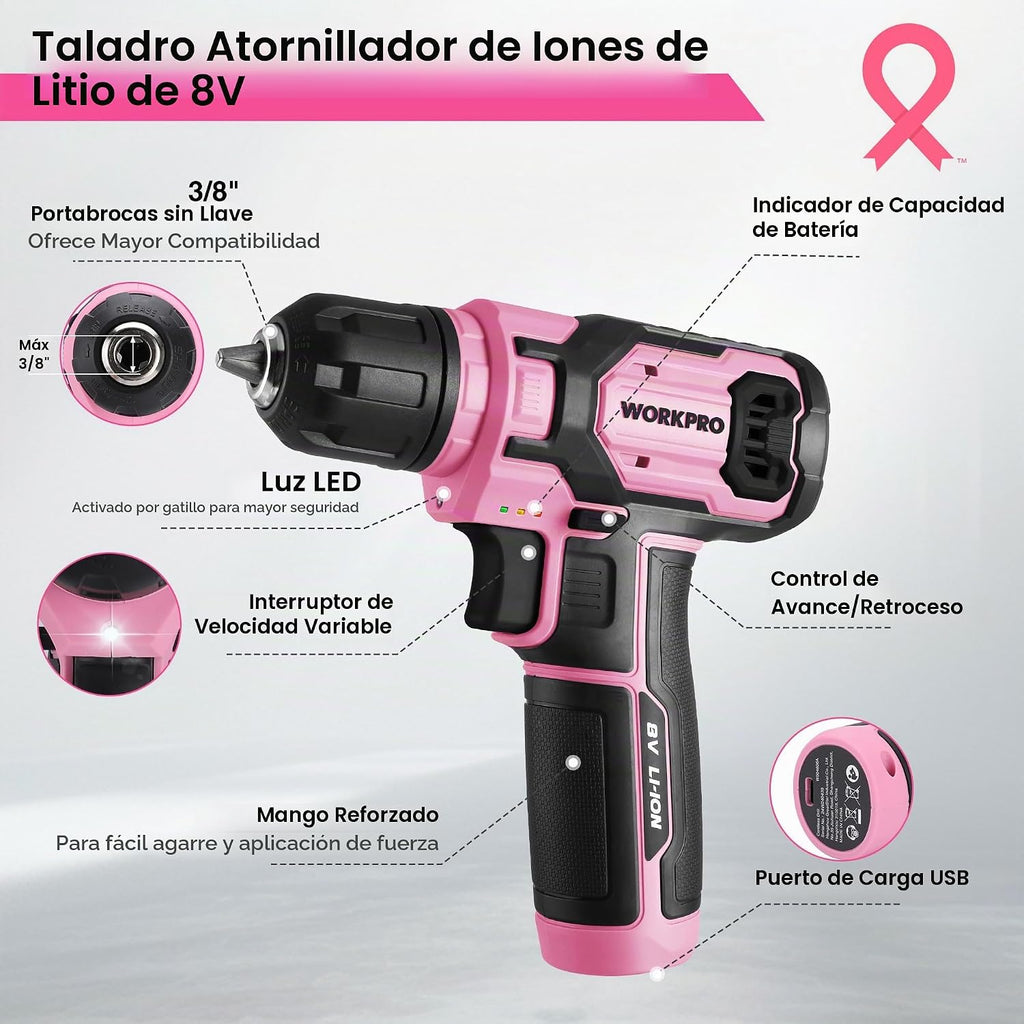 WORKPRO Juego de brocas de perforación rosa para taladro eléctrico para mujeres, juego de 8V