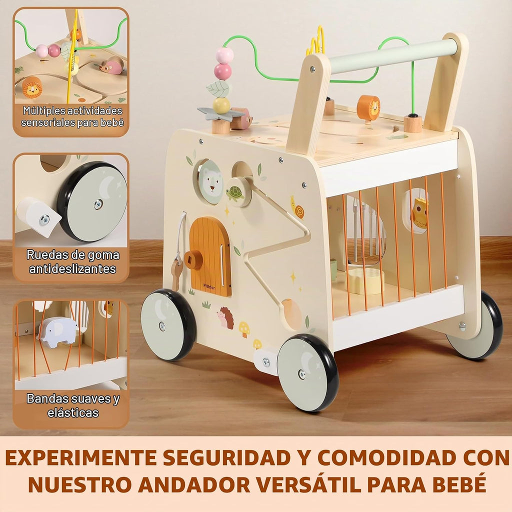 Andador de Actividad de Madera con Cubo, Andador de Madera para Bebés, Juguetes de Empuje Montessori para Bebés que Aprenden a Caminar y a Sentarse y Pararse