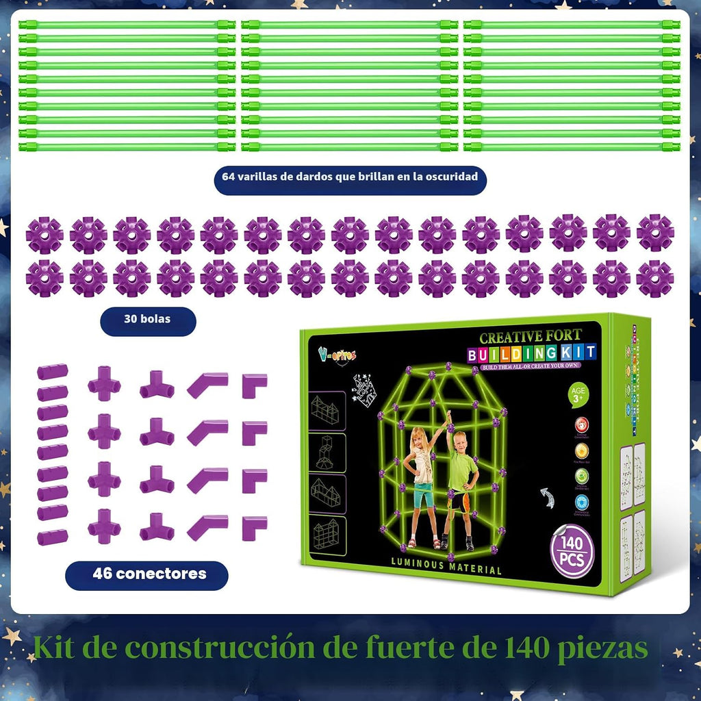 140 Pack Kits de Construcción de Fuertes con Brillo en la Oscuridad para Niños de 4, 5, 6, 7, 8+ Años de Edad, Juguetes de Construcción STEM para Castillos, Túneles, Regalos Ideales para