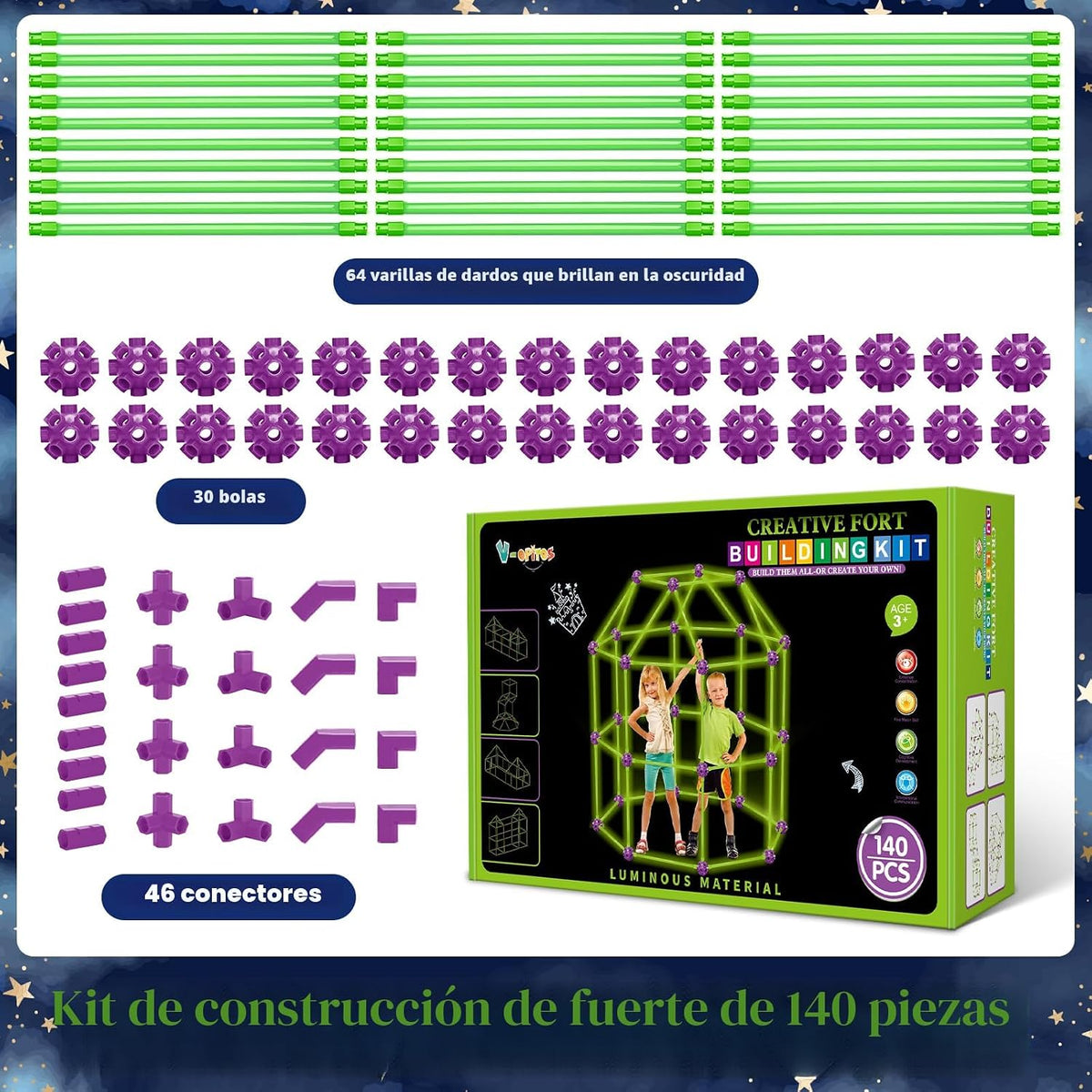 140 Pack Kits de Construcción de Fuertes con Brillo en la Oscuridad para Niños de 4, 5, 6, 7, 8+ Años de Edad, Juguetes de Construcción STEM para Castillos, Túneles, Regalos Ideales para