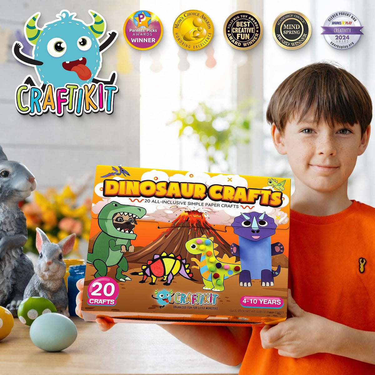 Craftikit 20 manualidades galardonadas de dinosaurios para niños, manualidades divertidas de dinosaurios todo incluido para niños de 3 a 10 años - Kit de manualidades organizado para niños pequeños