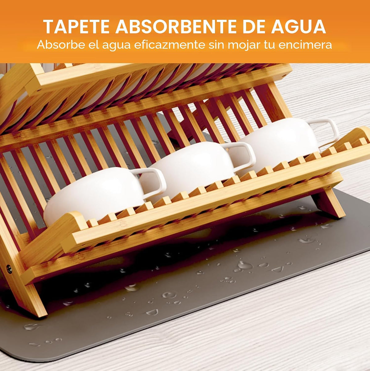 Greenual Escurridor de platos de bambú con soporte para utensilios, estante plegable de 3 niveles, estantes de madera para encimera de cocina, soporte de secado plegable grande con tapete absorbente para secar platos
