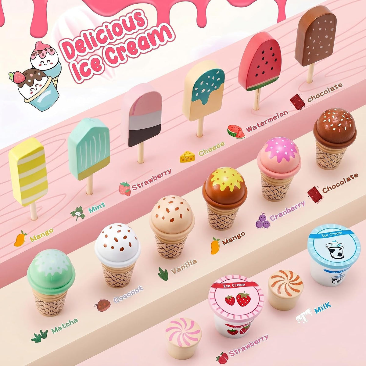 Juego de mesa de madera para contador de helados para niñas pequeñas, tienda de juegos, juguete de simulación, accesorios de cocina con dinero y moneda falsos, regalos de cumpleaños de Navidad para niños de 3 años en adelante (rosa)