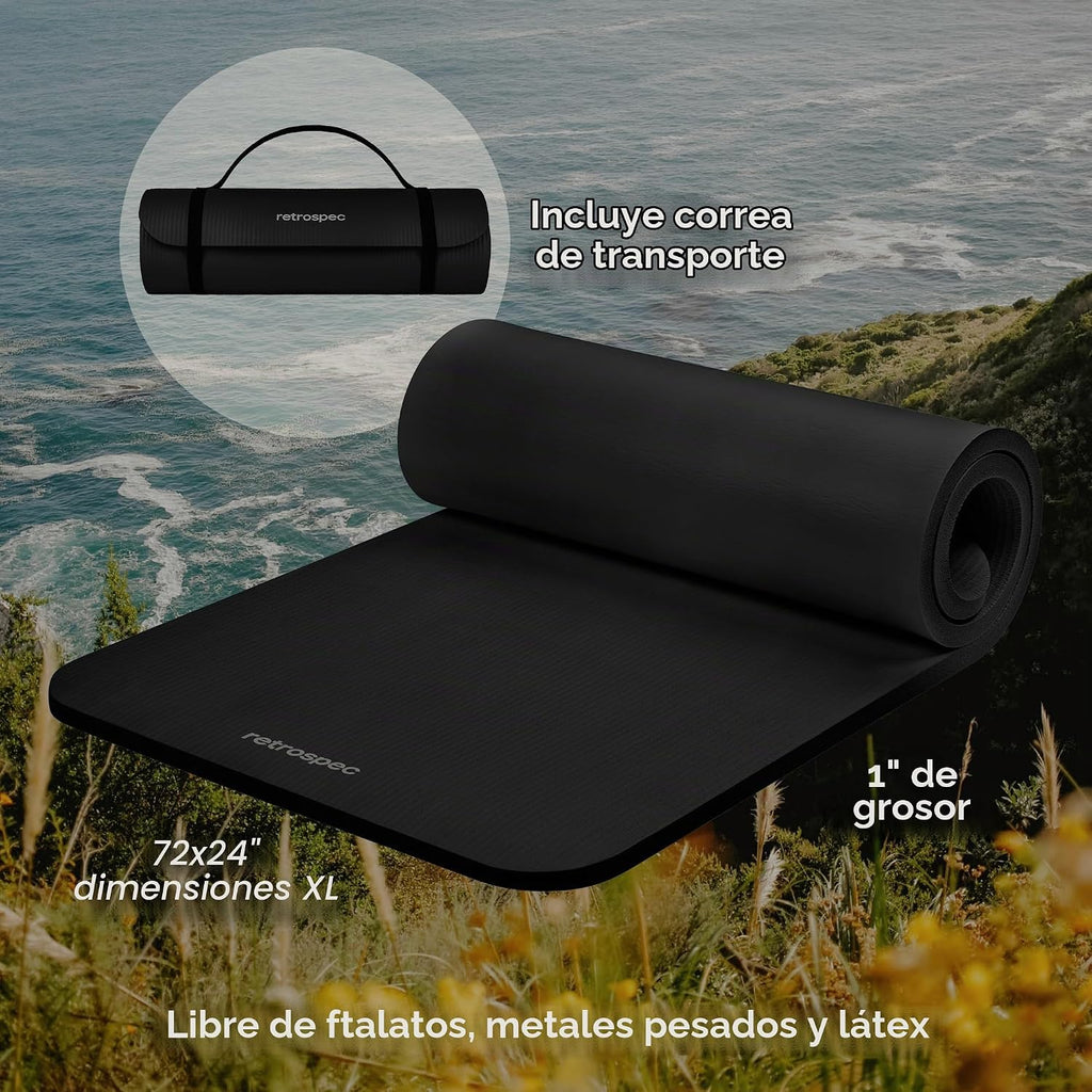 Retrospec Solana - Tapete de yoga de 1 pulgada de grosor con correa de nailon, unisex, antideslizante, para yoga, pilates, estiramiento, ejercicios en el suelo y entrenamiento físico