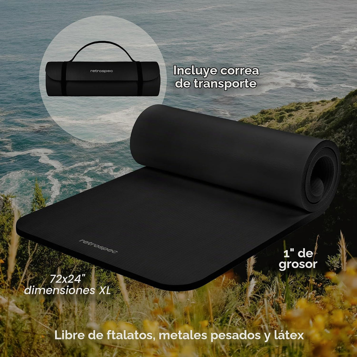 Retrospec Solana - Tapete de yoga de 1 pulgada de grosor con correa de nailon, unisex, antideslizante, para yoga, pilates, estiramiento, ejercicios en el suelo y entrenamiento físico