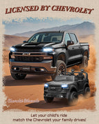 First Ride On Juguetes de 24 V y 2 plazas con licencia Chevrolet Silverado, vehículo eléctrico con control remoto y cinturones de seguridad, camión eléctrico con maletero, Bluetooth y luces LED (negro)