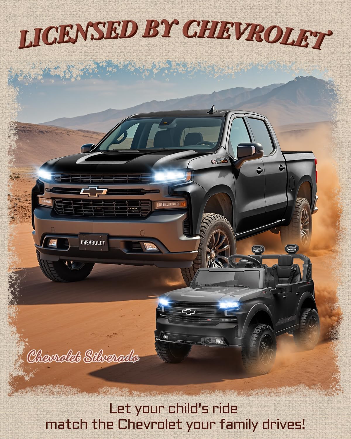 First Ride On Juguetes de 24 V y 2 plazas con licencia Chevrolet Silverado, vehículo eléctrico con control remoto y cinturones de seguridad, camión eléctrico con maletero, Bluetooth y luces LED (negro)