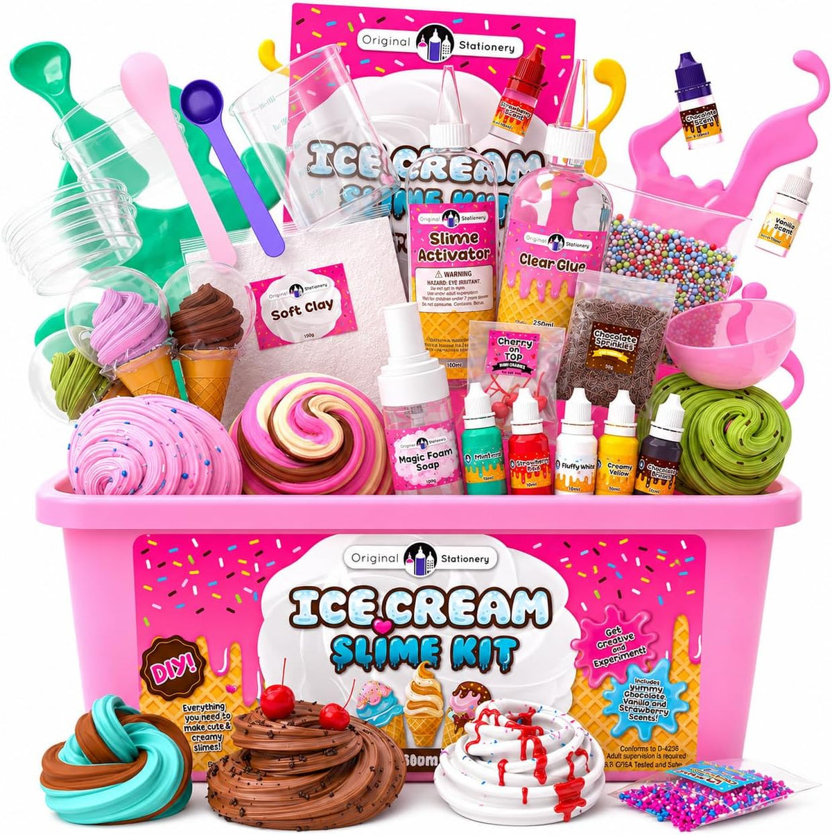 Original Stationery Kit de limo de helado para niñas, juego de fabricación de slime perfumado de cereza con 31 piezas, divertidas artes y manualidades para niños de 8 a 12 años, regalo de cumpleaños