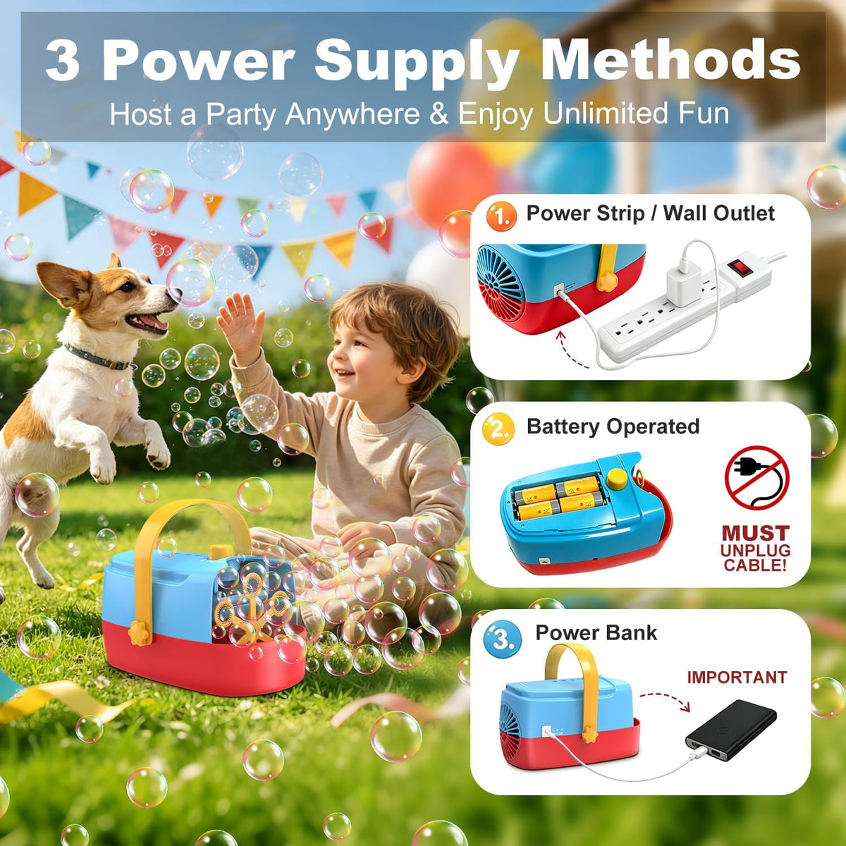 Máquina de burbujas duradera y automática soplador de burbujas, más de 18000 burbujas grandes por minuto para niños pequeños, fabricante de burbujas operado por enchufe o baterías, juguetes de burbujas para interiores y exteriores, fiesta de cumpleaños
