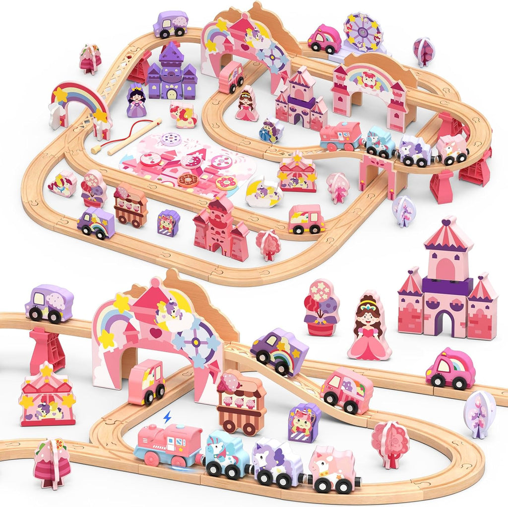 Juego de tren de madera de unicornio de lujo de 105 piezas para niñas con