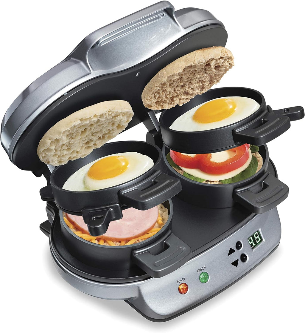 Hamilton Beach Sandwichera de desayuno doble con anillos para cocinar