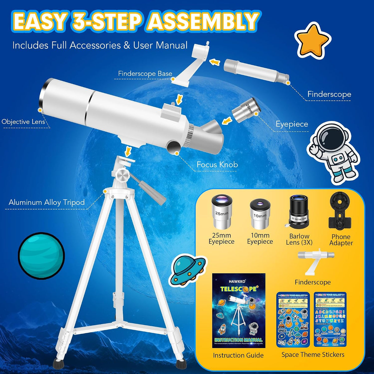 Telescope Hawkko de 80 mm de apertura y 500 mm para niños 8-12 y adultos principiantes