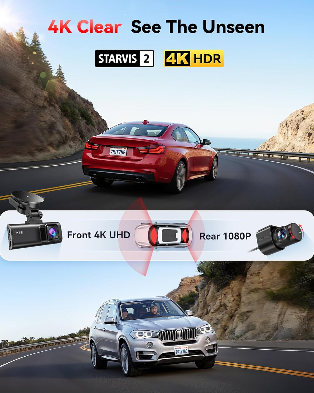 REDTIGER Cámara de tablero 4K frontal trasera sensor
