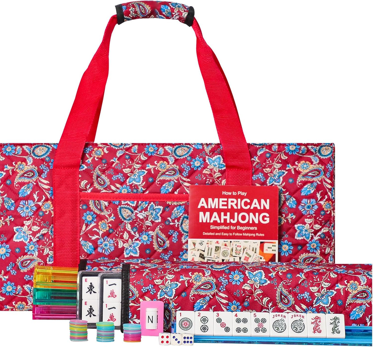 American Mahjong Set, juego de azulejos Mahjong, bolsa roja, 166 azulejos blancos, 4 bastidores todo en uno (Ma Jong, Mah-Jongg, Majiang)
