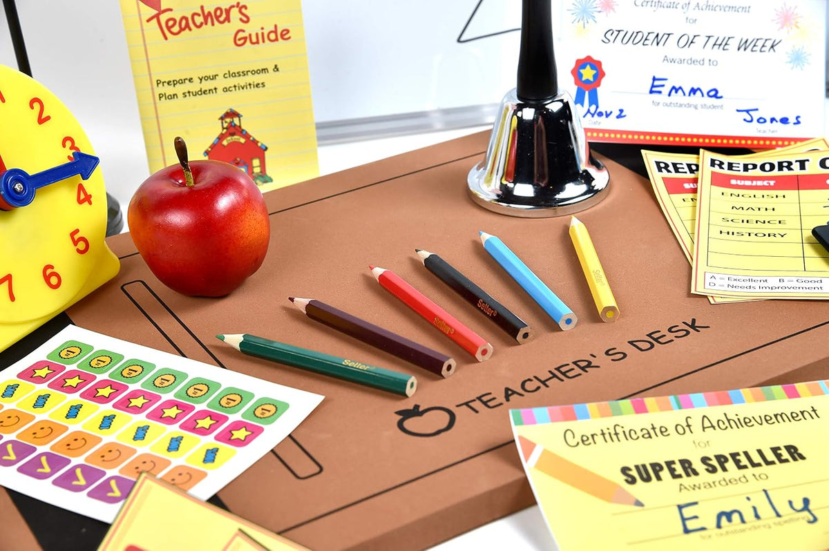 El juego de rol para profesores incluye pizarra blanca reutilizable, campana, tarjetas de calificaciones, para el hogar o el aula, más de 30 piezas incluidas, regalo para niños, juego completo
