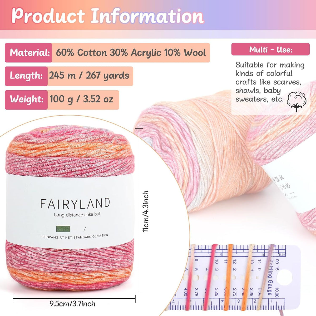 Aeelike Juego de 18 pares de agujas de tejer con 3 madejas, hilo de pastel degradado súper suave, 100 g (3.52 oz) 803.8 ft (267 yardas)
