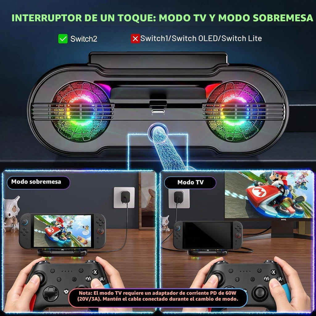 Estación de acoplamiento para Switch 2, estación de acoplamiento de TV portátil con salida HDMI 4K a 120Hz, USB-C y 2 puertos USB, iluminación RGB, compatible con Nintendo Switch 2
