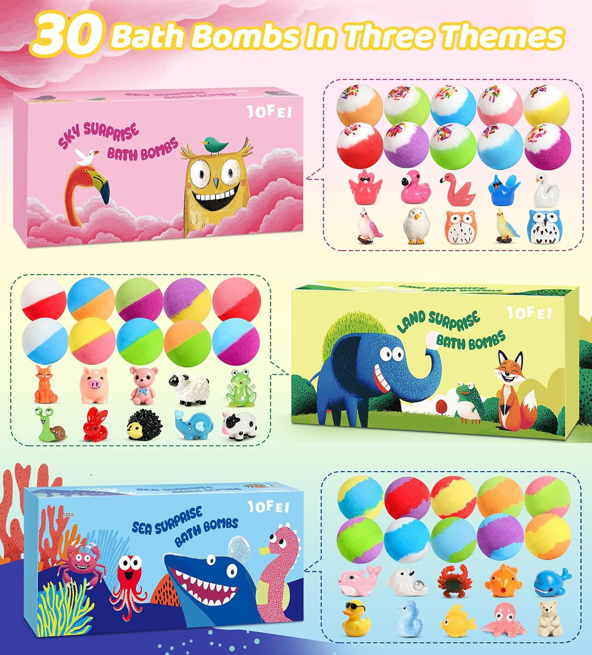 Paquete de 30 bombas de baño para niños con juguetes en el interior, juego de regalo de bombas de baño para niños con 30 juguetes sorpresa de animales marinos, tierra y cielo, rellenos de calcetines